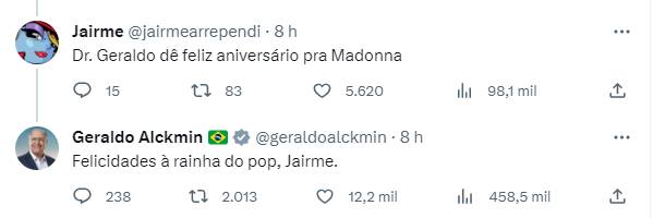 Print do Twitter de Geraldo Alckmin parabenizando Madonna - Metrópoles