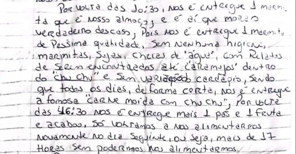 trecho de carta em que preso comenta sobre caramujo no chuchu e jejum 