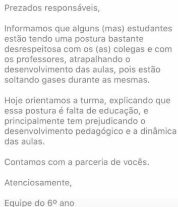 Reprodução de comunicado de escola em São Paulo sobre alunos soltando pum nas salas de aula 