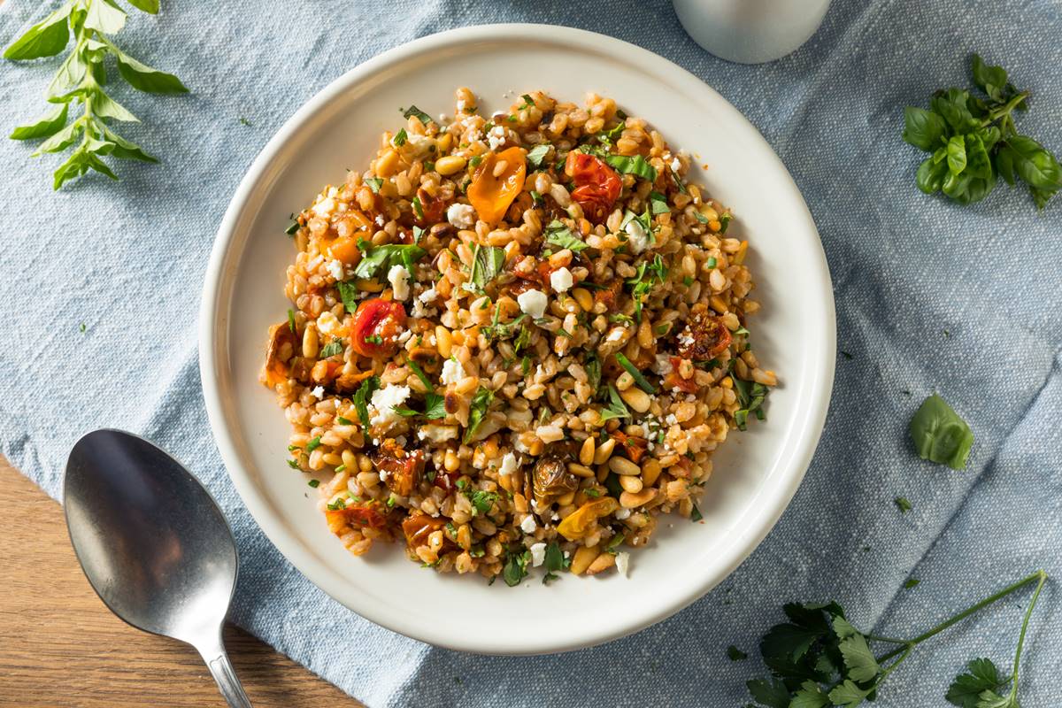 Foto colorida de prato com farro, tomate, salsinha e azeitona cozidos - Metrópoles