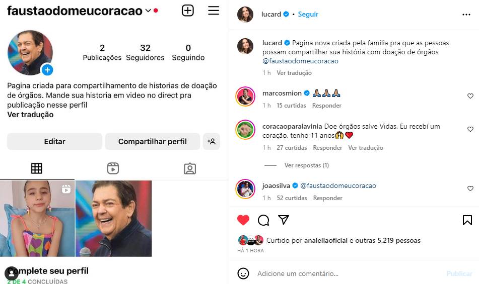 Print de página do Instagram criado Esposa de Faustão cria perfil focado em transplantes de coração - Metrópoles