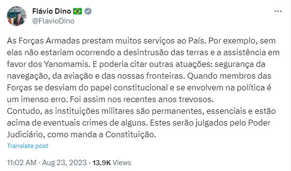 imagem colorida de texto de Flávio Dino reproduzido do Twitter X - Metrópoles