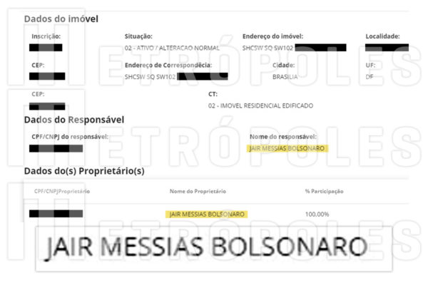 comprovante do cadastro do apartamento de Jair Bolsonaro