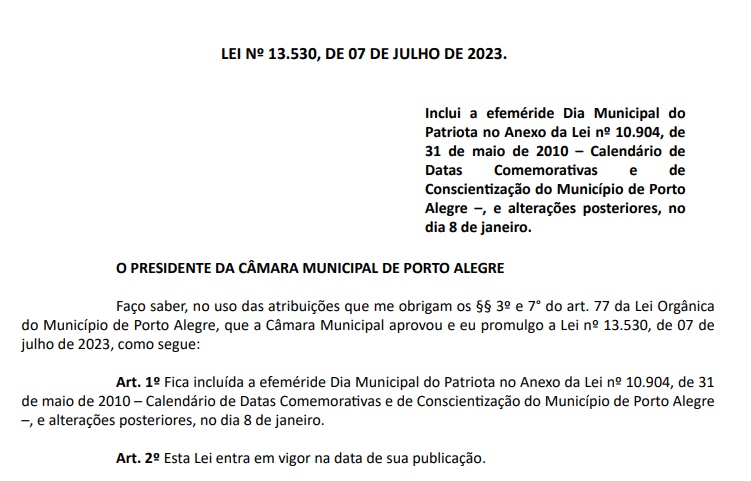 Imagem colorida do texto de aprovação do "Dia do Patriota" em Porto Alegre - Metrópoles