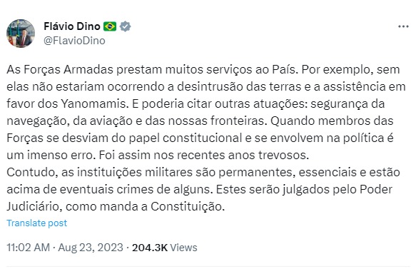 Captura de tela de mensagem do ministro Flávio Dino no Twitter em 23 de agosto de 2023 - Metrópoles