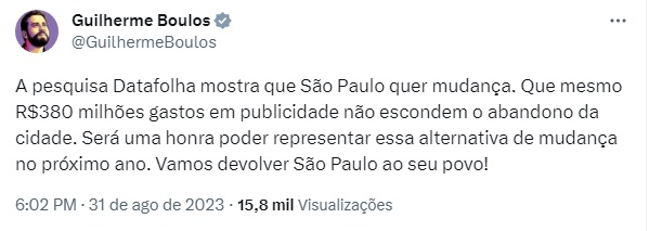 Print de tweet de Guilherme Boulos comentando resultado do Datafolha - Metrópoles