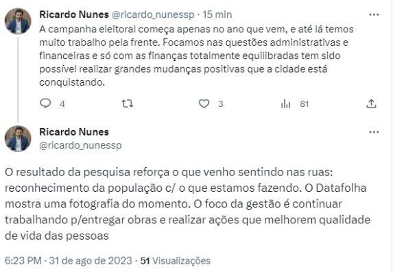 Print de postagem de Ricardo Nunes no Twitter sobre Datafolha - Metrópoles