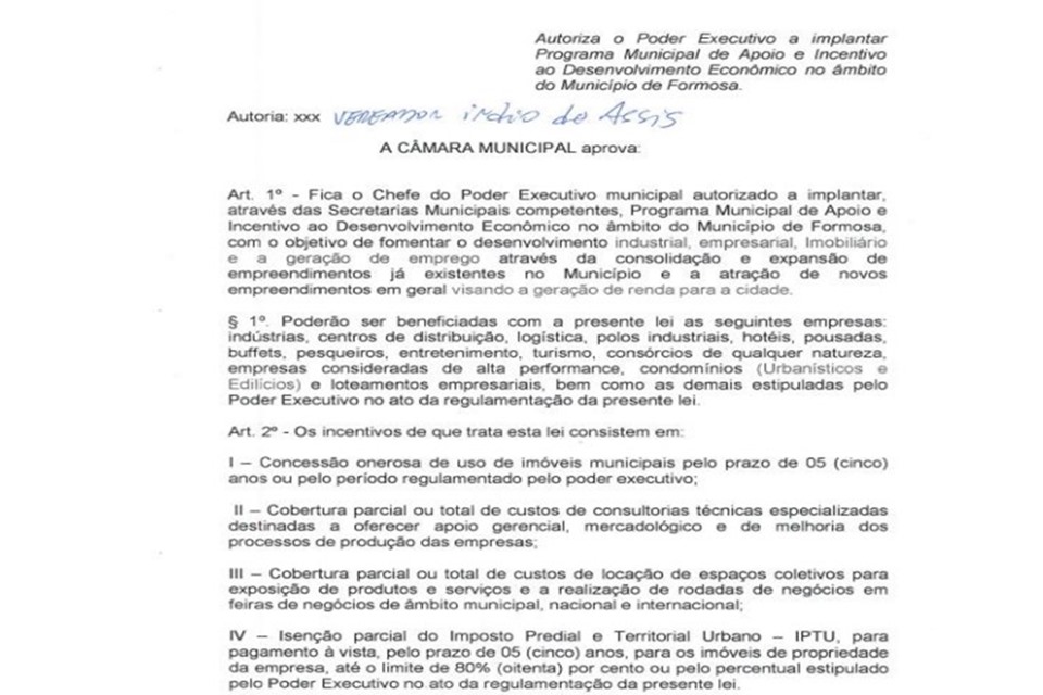 Documento com projeto de lei apreendido