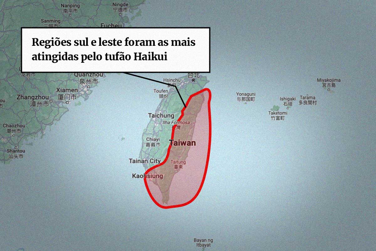 Mapa de Taiwan com regiões mais atingidas por tufão