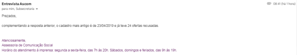 Captura de tela de e-mail enviado dados de transplantes no DF - Verificação sobre Faustão