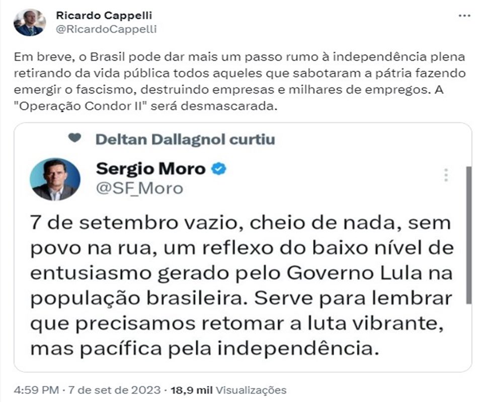 Tweet de Ricardo Cappelli escrito: "Em breve, o Brasil pode dar mais um passo rumo à independência plena retirando da vida pública todos aqueles que sabotaram a pátria fazendo emergir o fascismo, destruindo empresas e milhares de empregos. A "Operação Condor II" será desmascarada"