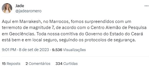 Imagem do Twitter da vice-governador do Ceará, Jade Romero, acerca de terremoto no Marrocos