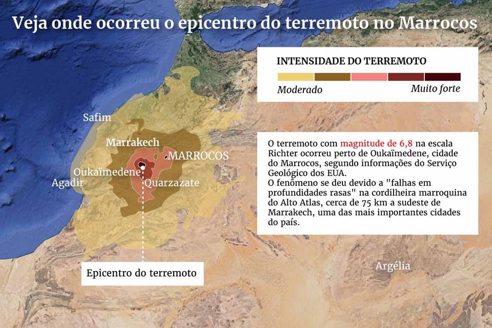 imagem colorida de mapa onde ocorreu terremoto no Marrocos