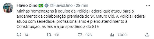 Flávio Dino comenta delação de Mauro Cid no Twitter