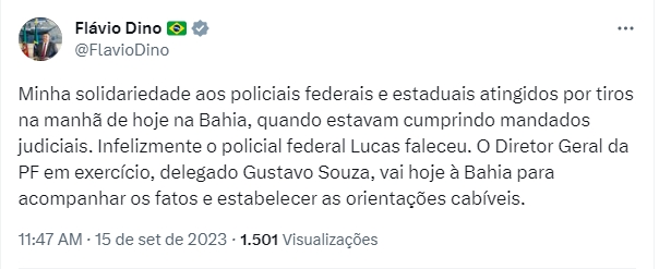 Imagem de pronunciamento do ministro Flávio Dino sobre morte de PF na Bahia - Metrópoles