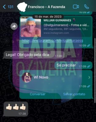 Print da conversa do assessor de WL com um dos produtores de A Fazenda 15 - Metrópoles