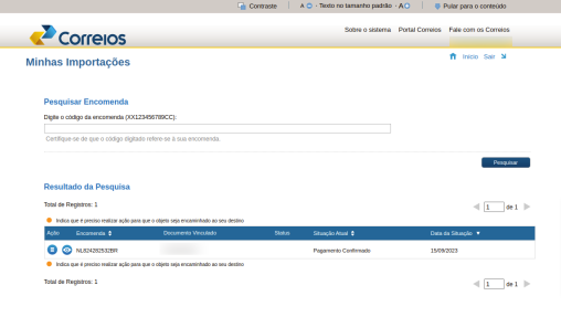 Captura de tela do site dos Correios