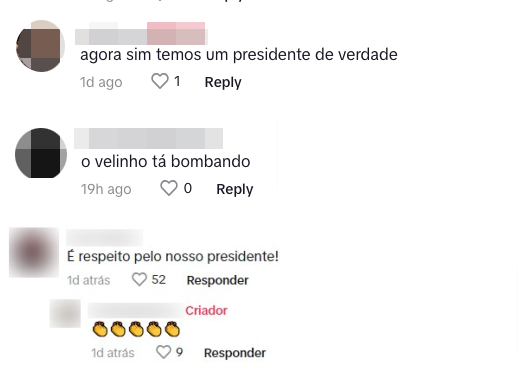 Captura de tela com comentários em apoio ao presidente Lula