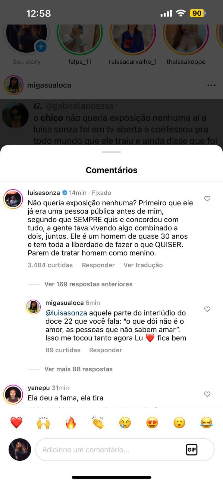 Foto colorida de Luísa Sonza respondendo seguidora no Instagram - Metrópoles