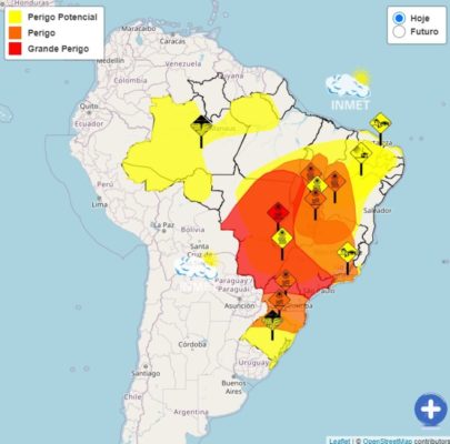 foto colorida de mapa do Inmet mostra áreas vermelhas de estados que estão sob influência de forte onda de calor - Metrópoles