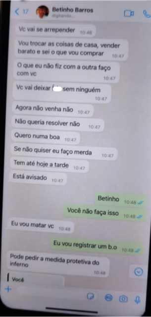 Print mostra conversas trocadas entre Betinho e sua ex-esposa