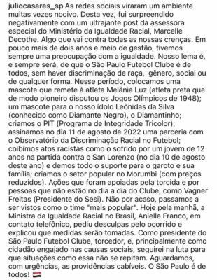 Print do pronunciamento do presidente do São Paulo FC, Julio Casares, sobre as críticas da assessora de Anielle Franco- Metrópoles