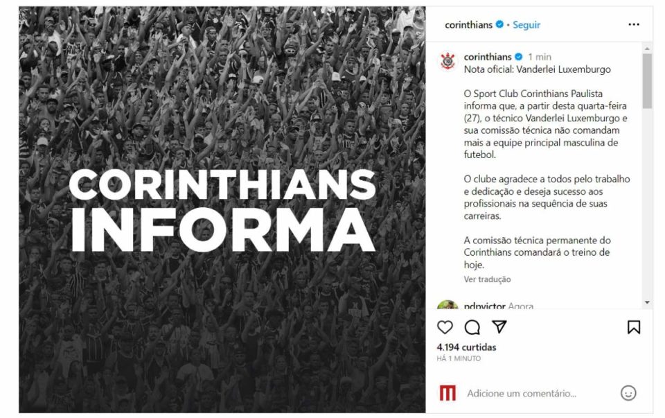 Corinthians anuncia demissão de Luxemburgo - Metrópoles