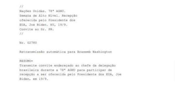 Trecho de telegrama que mostra que Lula foi convidado para evento promovido por Biden