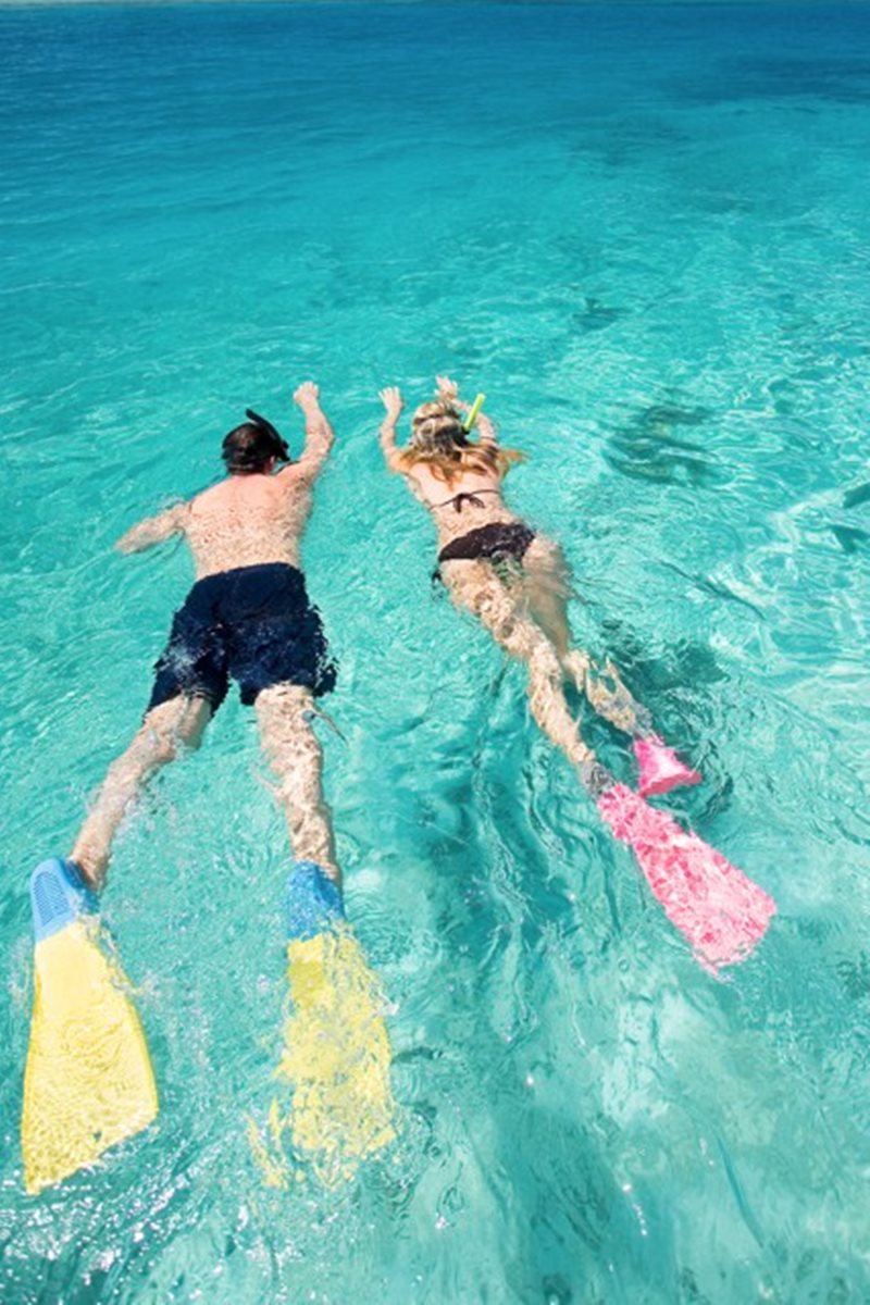 Foto colorida de casal mergulhando em mar - Metrópoles