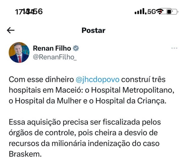 Publicação de Renan Filho no Twitter