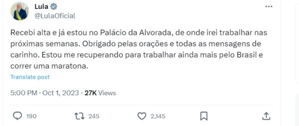 imagem colorida Lula twitter - metrópoles