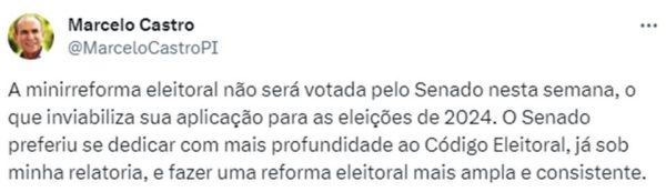 Foto colorida da posição de Marcelo Castro sobre a minirreforma eleitoral - Metrópoles