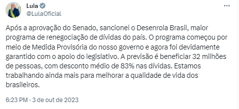 Imagem de postagem de Lula sancionando o Desenrola