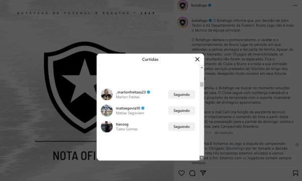 Imagem do print com likes dos jogadores do Botafogo - Metrópoles