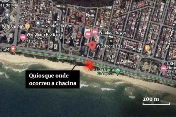 Mapa colorida mostra local onde três médicos foram executados em quiosque no Rio de Janeiro