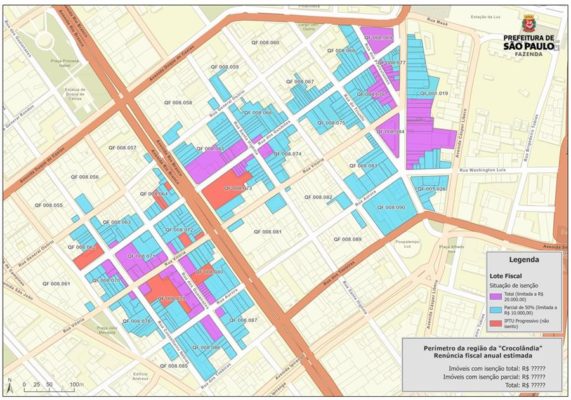 Imagem colorida mostra mapa do centro de SP com lotes pintados de cores variadas, indicando locais de isenção de impostos