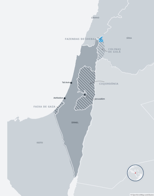 Imagem colorida de mapa da regiçao de Israel e Palestina - Metrópoles