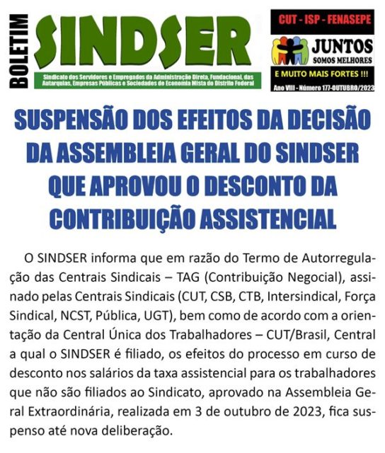 Sindicato suspende desconto de 1% nos salários dos servidores do DF a título de contribuição assistencial