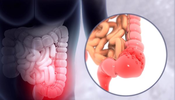 Ilustração mostra a porção final do intestino inflamada pelo câncer colorretal