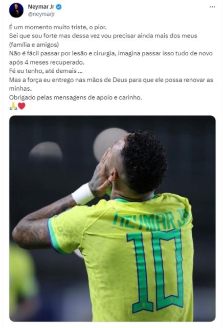 Neymar, atacante da Seleção Brasileira, lamenta lesão - Metrópoles