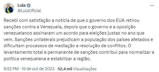 Post de Lula no Twitter sobre eleições livres na Venezuela e acordo com EUA