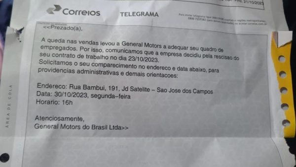 Foto reproduz um telegrama enviado para funcionários de montadora