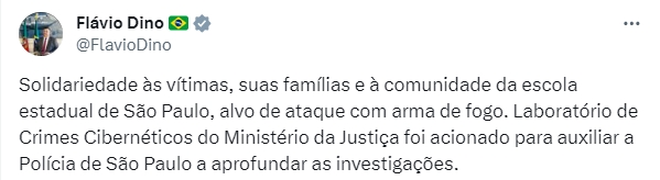 Imagem colorida de anúncio do ministro Flávio Dino sobre ataque a escola de SP - Metrópoles