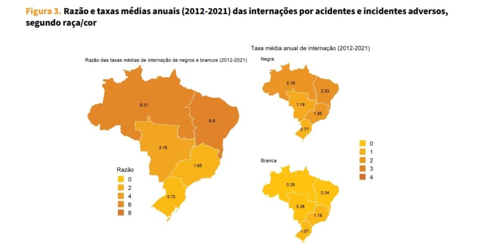 Reproduçãp mostra mapa feito pelos pesquisadores com a proporção de erros médicos entre negros e brancos