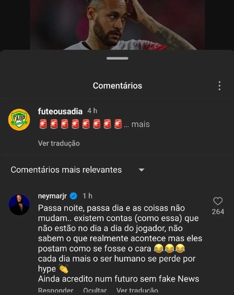 Imagem colorida da resposta de Neymar no Instagram - Metrópoles