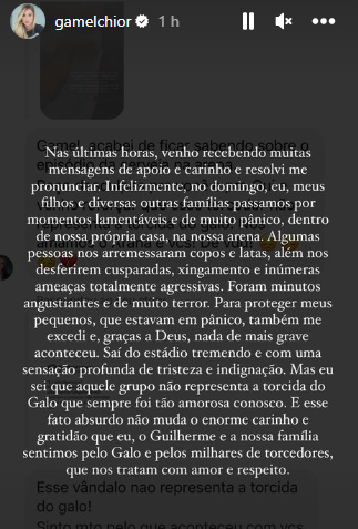 Print do depoimento de Gabriela Melchior, esposa de Guilherme Arana que foi alvo de ameaças durante o clássico mineiro- Metrópoles