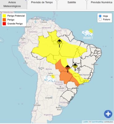 foto colorida do mapa atualizado do Inmet, que aponta alerta de perigo e perigo potencial em São Paulo devido à previsão de temporais - Metrópoles