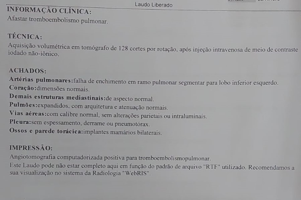 Laudo de paciente de Rafael Bracca mostra tromboembolismo pulmonar