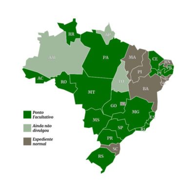 ilustração colorida de mapa das unidades da Federação que terão ou não ponto facultativo em 2/11/2023 - Metrópoles