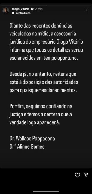 Comunicado de Diogo Vitório sobre Patrícia Ramos